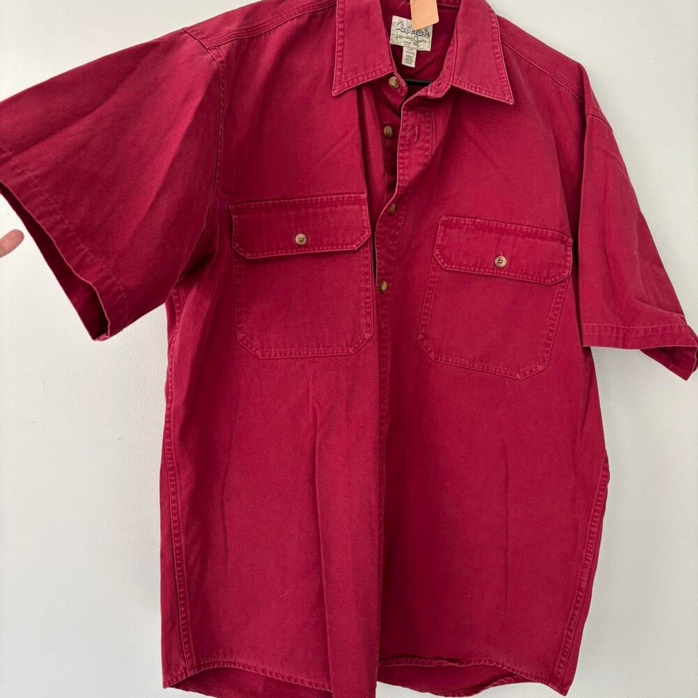 Vintage Men Burgundy Preppy Button Up Short Sleeve Denim Streetwear Large Shirt